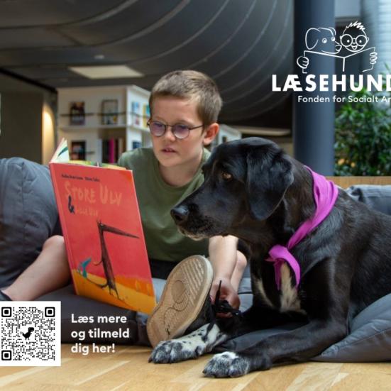 Dreng der læser med hund og qr kode til Fonden for læsehunde
