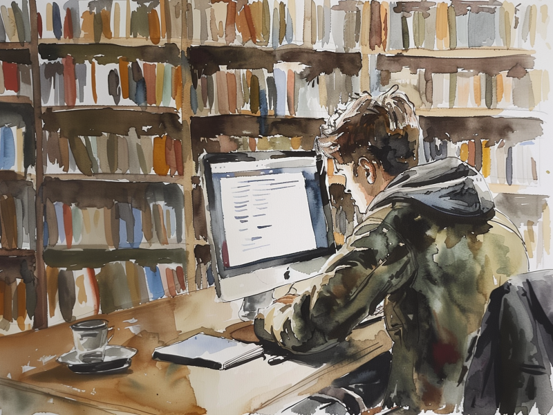 Dreng læser på pc i et bibliotek. Billedet er AI-genereret.