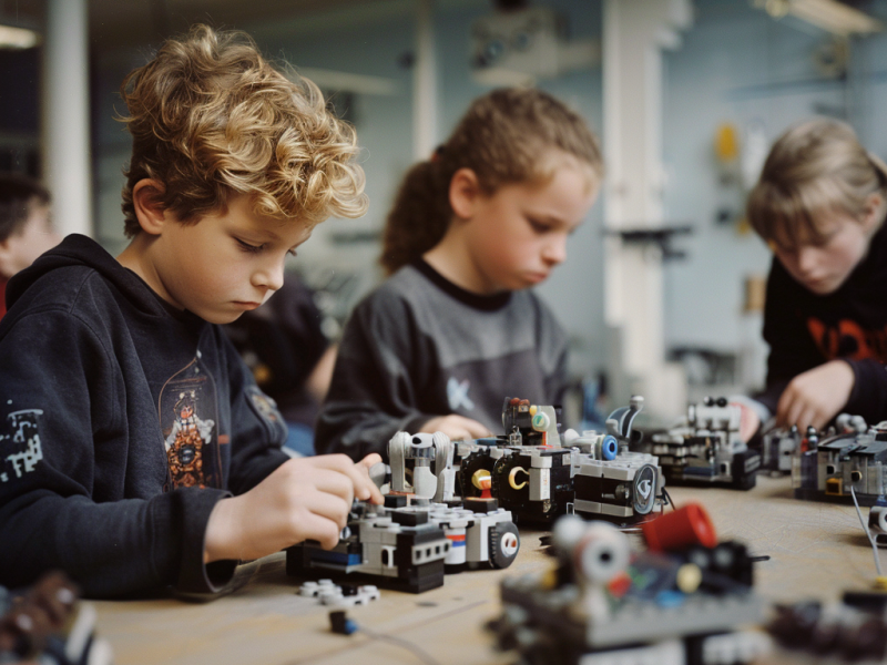 Legorobotter og børn. Billedet er AI-genereret.