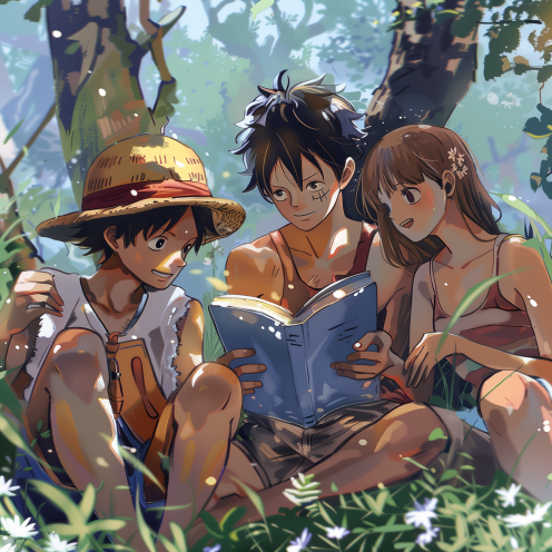 teenagers_reading_books_together_summer_day. Billedet er AI-genereret.